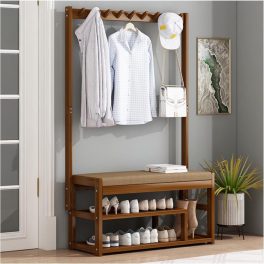   Suport pentru încălțăminte din bambus cu șezut confortabil și cârlig 97x29x168cm FUR1673-3
